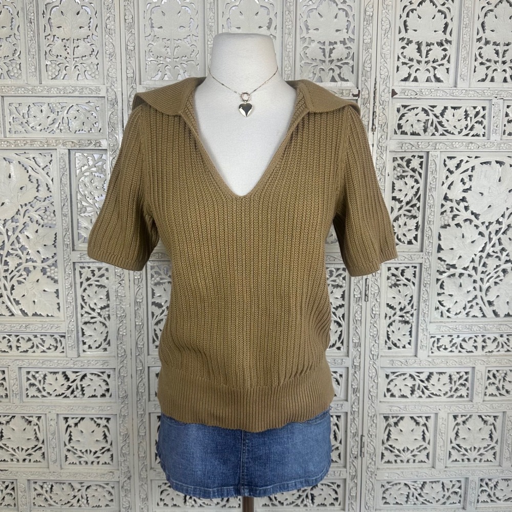 Banana Republic Chunky Brown‎ Tan Collared Short Sleeve Sailor Sweater Sz Small
